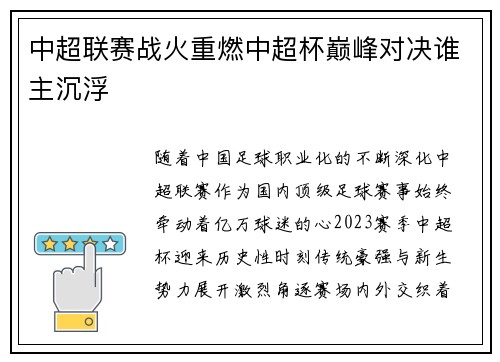 中超联赛战火重燃中超杯巅峰对决谁主沉浮